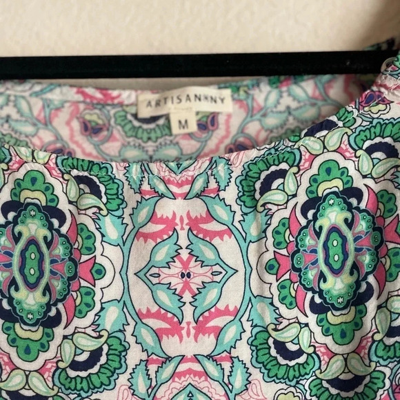 Artisan Ny abstract geometric pink green and blue pattern blouse size M - Picture 2 of 6